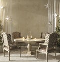 Christmas modern interior scandinavian farmhouse style. 3d rendering illustration dining room with table and christmas Royalty Free Stock Photo