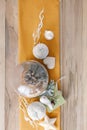 Winter table decoration with mustard table runner, white Christmas tree. Modern elements Christmas