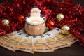 Christmas money business concept: a statuette of Santa Claus with lit little candle on some fifty euro banknotes with red and gold