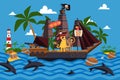 Christmas monsters on a pirate ship vector illustration. One-eyed ship captain with tentacles stand at helm. Character Royalty Free Stock Photo