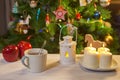 Christmas mood. Candles and lantern under the Christmas tree as a new year card Royalty Free Stock Photo