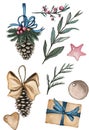 A set of objects in Christmas theme. Pine cones, branches, red berries, tags and a gift on the white background.