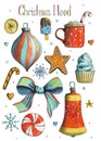 Christmas mood set of elements with balls, gingerbreads, cocoa, sweets, candy and bow