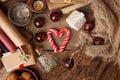 Christmas mood concept. Layout composition with traditional festive attributes, sweetness. Winter holidays season. Background Royalty Free Stock Photo