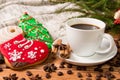 Christmas morning - gingerbread and hot coffee and Christmas dec Royalty Free Stock Photo