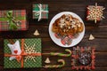 Christmas morning table with croissant and gifts. Top view Royalty Free Stock Photo