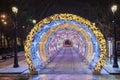 Christmas in Moscow. light tunnel on Tverskoy Boulevard in Moscow Royalty Free Stock Photo