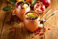 Christmas Moscow mule with pomegranate and orange Royalty Free Stock Photo