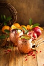 Christmas Moscow mule with pomegranate and orange Royalty Free Stock Photo