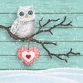 Christmas motive, cute white owl sitting on dry branch in front of blue wooden wall, illustration