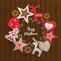 Christmas motive, small scandinavian styled decorations lying on wooden desk, illustration