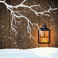 Christmas motive, vintage shining lantern hanging on dry branch in front of brown wooden wall, illustration