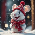 Christmas mouse with red cap close-up against the background of snow and tress smiling and happy Royalty Free Stock Photo