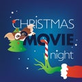 Christmas Movie Night, Gizmo Gremlins head, Grinch green hand on blue background. Royalty Free Stock Photo