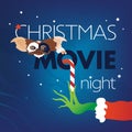 Christmas Movie Night, Gizmo Gremlins head, Grinch green hand on blue background. Royalty Free Stock Photo