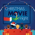 Christmas Movie Night square Cover, Kids TV party on blue background.