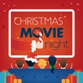 Christmas Movie Night square Cover, Kids TV party. Children, Gifts, sofa, screen on red background. Vector Illustration, web site