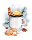 Christmas Mug Clipart. Watercolor Mulled Wine