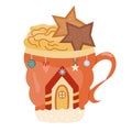 Christmas mug of drink with cream and cookies. Winter hot drinks. Christmas beverage. Coffee mug. Royalty Free Stock Photo