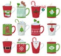 Christmas mug. Holiday decoration at vessel for hot drinks coffee latte or tea cup vector cartoon illustrations