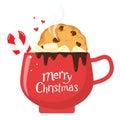 Christmas holiday coffee or chocolate mug with cookies and marshmallows. Warming winter drinks. Christmas hot chocolate mug or win