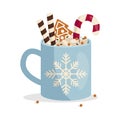 Christmas mug with hot drink. Marshmallow, chocolate chips, gingerbread, wafer rolls, lollipop.