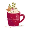 Christmas mug with hot drink. Whipped cream, chocolate chips, gingerbread cookies, wafer rolls, candy.