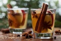 Christmas mulled apple cider with spices cinnamon, cloves, anise and honey on rustic table, traditional drink on winter holiday Royalty Free Stock Photo