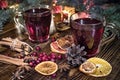 Christmas mulled red wine with and ingredients on a wooden brown table. Traditional hot drink at Christmas holiday Royalty Free Stock Photo