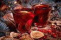 Christmas mulled red wine with and ingredients on a wooden brown table. Traditional hot drink at Christmas holiday Royalty Free Stock Photo