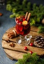 Christmas mulled red wine with spices, cranberry and fruits. Traditional Christmas hot drink. Christmas drink background Royalty Free Stock Photo