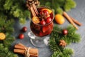 Christmas mulled red wine with spices, cranberry and fruits. Traditional Christmas hot drink. Christmas drink background Royalty Free Stock Photo