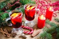 Christmas Mulled Wine, Candles and Spices. Xmas Postcard. Royalty Free Stock Photo