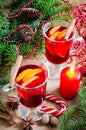 Christmas Mulled Wine, Candles and Spices. Xmas Postcard. Royalty Free Stock Photo