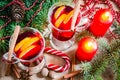 Christmas Mulled Wine, Candles and Spices. Xmas Postcard. Royalty Free Stock Photo