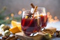 Christmas mulled wine delicious holiday like parties with orange cinnamon star anise spices. Traditional hot drink or beverage, Royalty Free Stock Photo