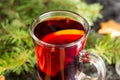 Christmas mulled wine with ginger biscuits orange cinnamon clove anise and fir tree on the dark table Royalty Free Stock Photo