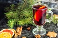 Christmas mulled wine with ginger biscuits orange cinnamon clove anise and fir tree on the dark table Royalty Free Stock Photo