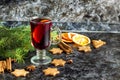 Christmas mulled wine with ginger biscuits orange cinnamon clove anise and fir tree on the dark table Royalty Free Stock Photo