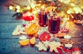 Christmas mulled wine on holiday decorated table Royalty Free Stock Photo