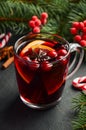 Christmas Mulled Wine with Orange and Cranberries. Holiday Concept Decorated with Fir Branches and Spices. Royalty Free Stock Photo