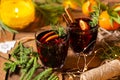 Christmas mulled wine on a rustic wooden table