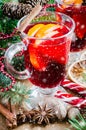 Christmas Mulled Wine and Spices. Drawn Snow Falling Effect. Xmas postcard. Royalty Free Stock Photo