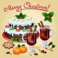 Christmas mulled wine with spices, mandarines, christmas cake. Royalty Free Stock Photo