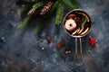 Christmas mulled wine with spices. Traditional winter festive drink at holiday, top view