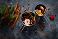 Christmas mulled wine with spices. Traditional winter festive drink at holiday, top view