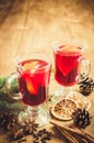 Christmas Mulled Wine, Spices and Xmas Tree Branches. Vintage Toned. Royalty Free Stock Photo