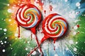 Christmas multicolored lollipops over abstract background with paint splash, copy space. Creative Christmas banner with round