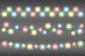 Christmas multicolored realistic garland lights on a transparent background. Glowing garland lights decoration with sparkles