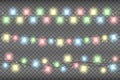 Christmas multicolored realistic garland lights on a transparent background. Glowing garland lights decoration with sparkles